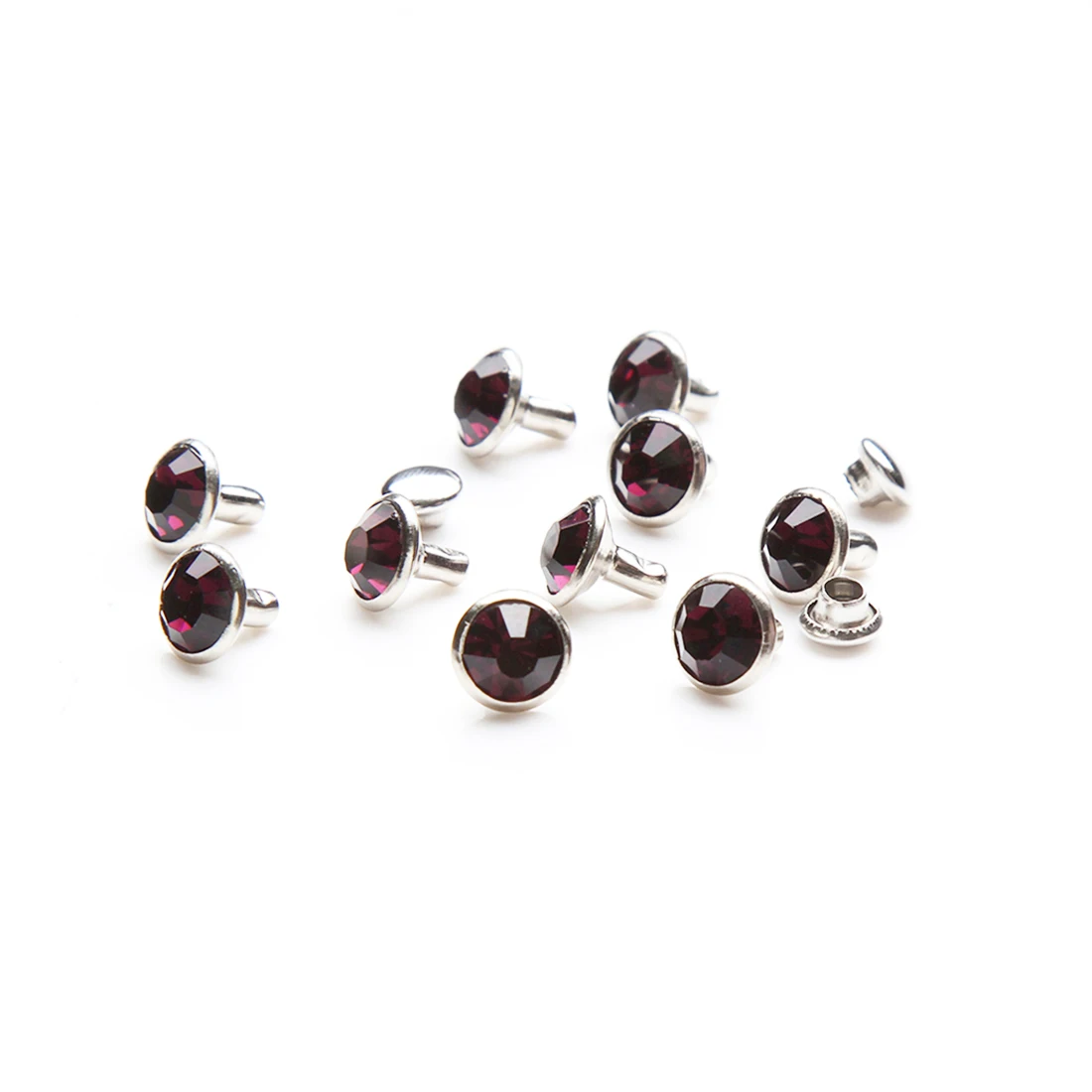 100Sets 6mm&8mm Amethyst Crystal Rhinestone Rivets Studs Silver Metal Base for Clothing Bag Leathercraft Rivet