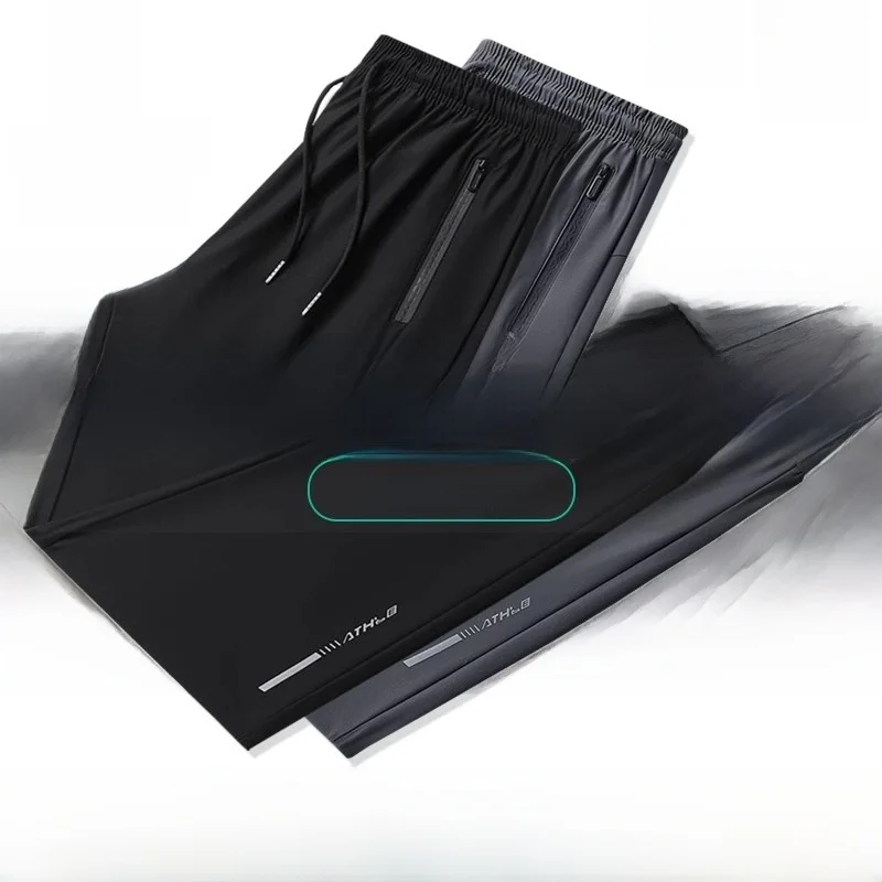 

Мужские спортивные брюки из ледяного шелка: тонкие, быстросохнущие, свободные, прямого кроя, повседневные, летние, модные, с охлаждающим эффектом, для ношения с плоской обувью