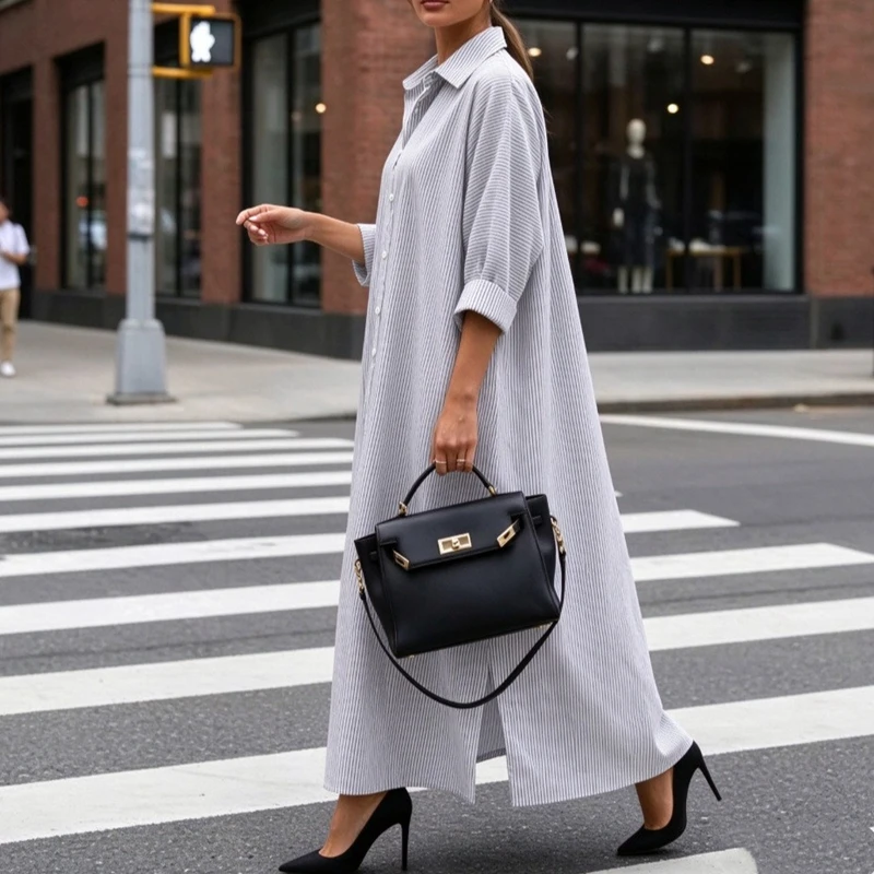 Spring new plus size ladies cotton and linen striped cardigan loose temperament commuter irregular dress 2