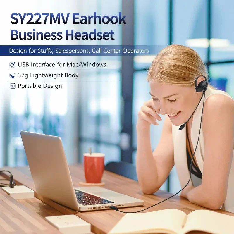 Single Side Wired Business Headset with Mic, Light Call in Center, Earhook, Wire Control USB, 3.5mm AUX