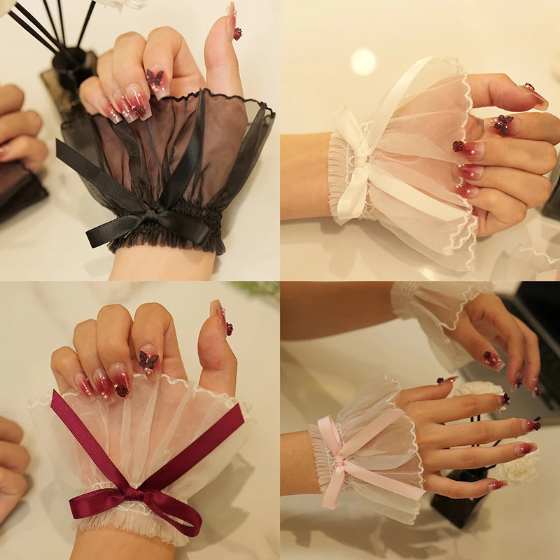 1Pairs Silk Bow Nail Art Photo Glove Mesh Manicure Photography Props Fake Pleated Cuff Nail Tips Display Sleeve Accessories