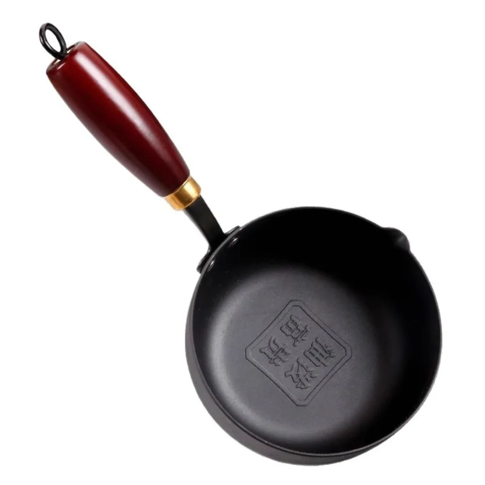 Egg Frying Pan Cast Iron Oil Splashing Pot Uncoated Wooden Handle Milk Pot V Shape Diverter Port Mini Omelette Pan Stove