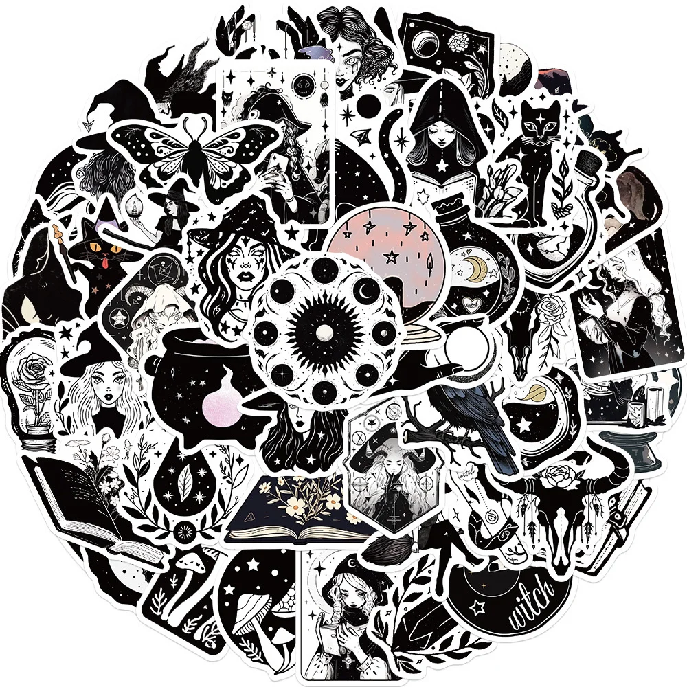 Vintage Black and White Cat Witch Gothic Stickers for Phone, Handmade DIY Sticker, Scrapbooking Material, Craft Supplies, 50Pcs