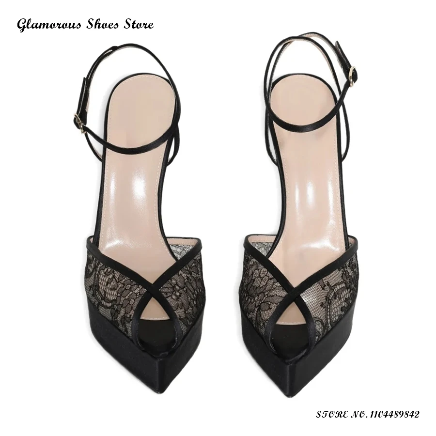 

Elegant Satin Platform Sandals with Lace Women's Pointed Open Toe Thin Heels Party Shoes Spring Summer Buckle Strap Stilettos