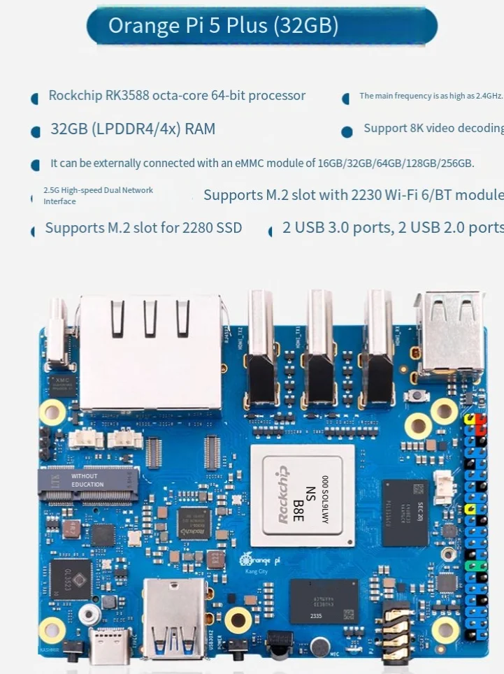 External Wi-Fi 6.0 + BT5.0 SSD Pi5 Plus running Android Debian system, 5 plus 32GB memory single board computer RK3588