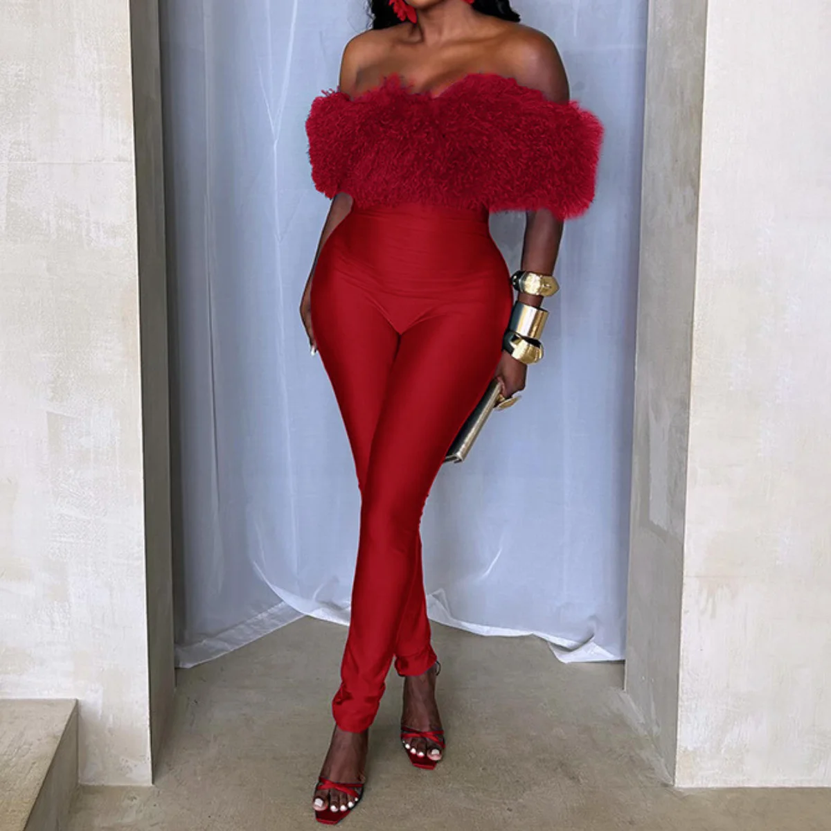 

Plush Bare Shoulder Jumpsuit Women's Bodysuits Shapewear Fashion Slim Fit Onesie Autumn Winter Y2k Clothing Sexy Tight Jumpsuits