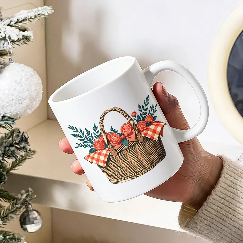 Cup & Mug Set, Country Rose Flower Basket Ceramic Mug, Coffee Cup, Milk Cup, Office Tea Cup, Drinking Cup, Gift for Friends