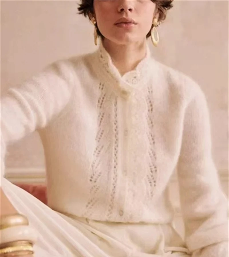 

Women's Stand Collar Mohair Wool Blend Cardigan – Lantern Sleeve Crochet Hollow Out Knit Sweater Top in 3 Colors