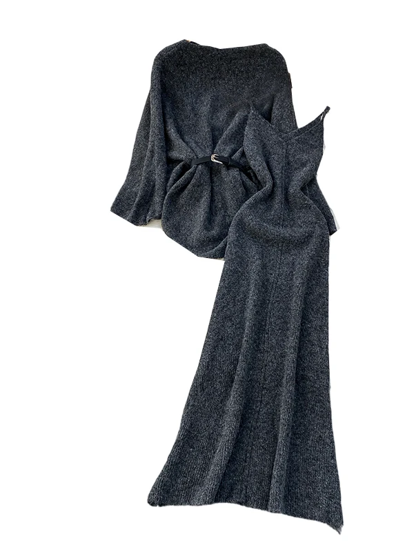 Autumn Winter Knitted Long Sve One oulder Waist Cinched Bell Sve Dr Two Piece Set Faionable Aosphere Sensation
