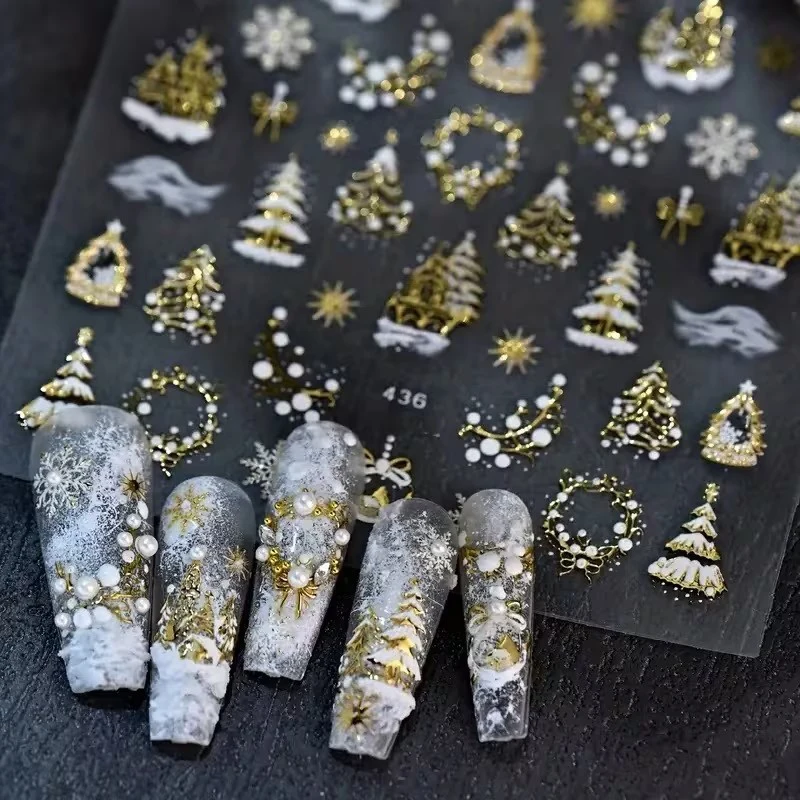 Adesivi per unghie con fiocco di neve in lamina dorata lucida natalizia - Nail art autoadesiva riutilizzabile 3D, perfetti per le vacanze fai da te Nail Art Stick