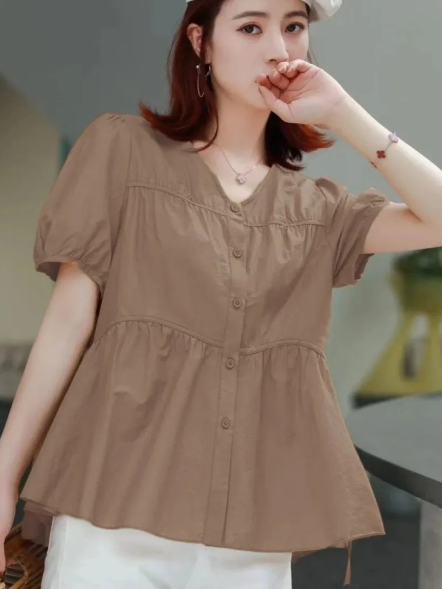

Casual ort Sve irt Women Summer New Sle Doll Mom irt Belly Covering Top Faionable Commute Sle V-Ne Regular L...