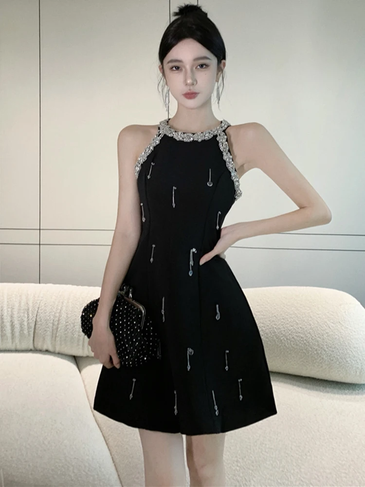 

Summer Women's Mini Dress Luxury Fashion Black O-neck Shine Diamond Beading Slim Gown Femme Evening Party Banquet Runway