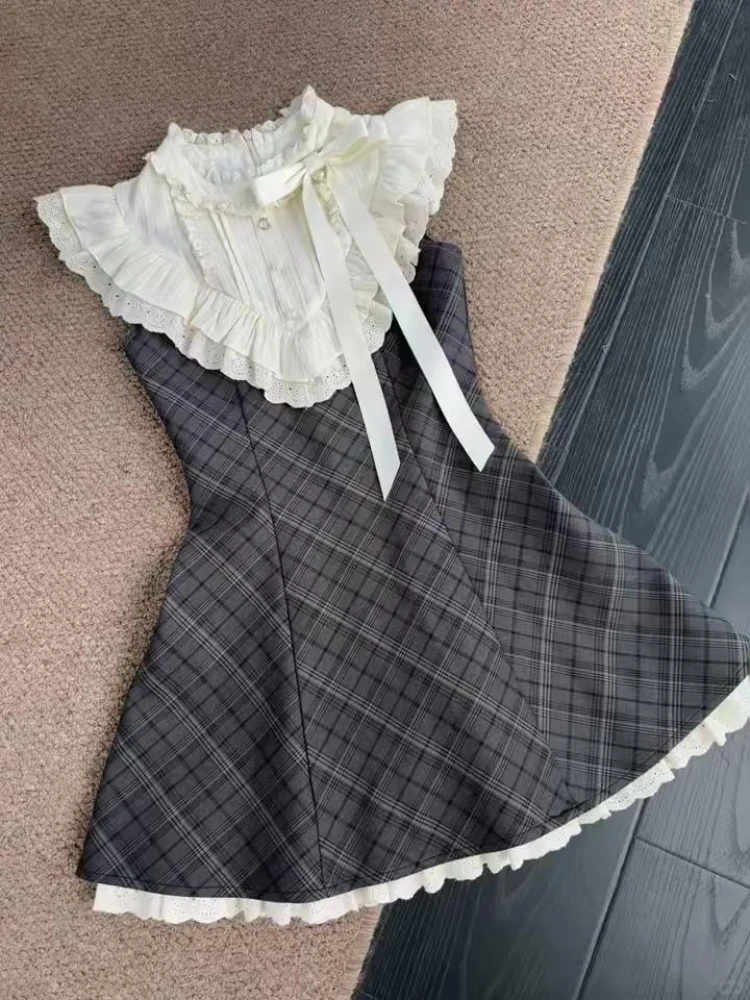 프랑스 빈티지 슬림 레이스 격자 무늬 드레스 여성 우아한 패션 달콤한 보우 민소매 드레스 여름 하라주쿠 세련된 스키니 새 의상