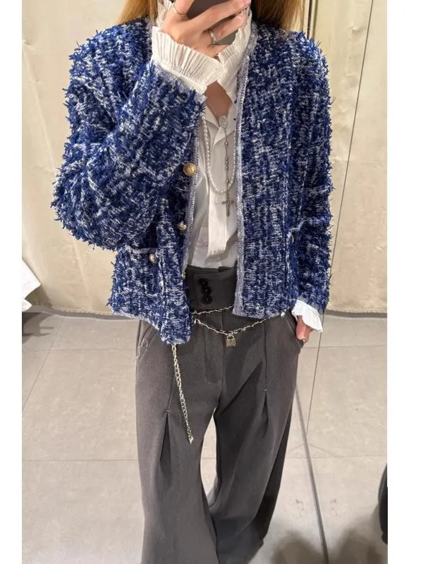 

Весна 2024, новая женская вязаная длинная теплая круглая верхняя одежда Ne переплетенная верхняя одежда, модный свободный кардиган, однотонный повседневный ...