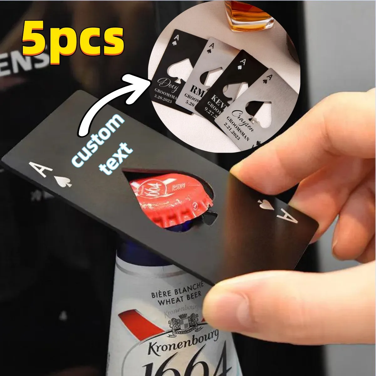 

Набор из 5 персонализированных креативных открывалок для бутылок в виде игральных карт, на заказ, из нержавеющей стали, для пива, кухонные и барные инструменты, подарок
