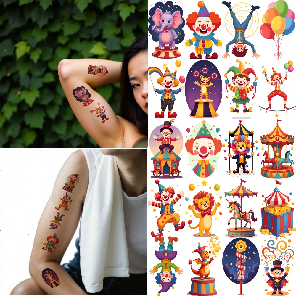 

63pcs Temporary Tattoo Balloon Elephant Cartoon Circus Clown Big Top Tent Temporary Tattoo Stickers For Shoulders