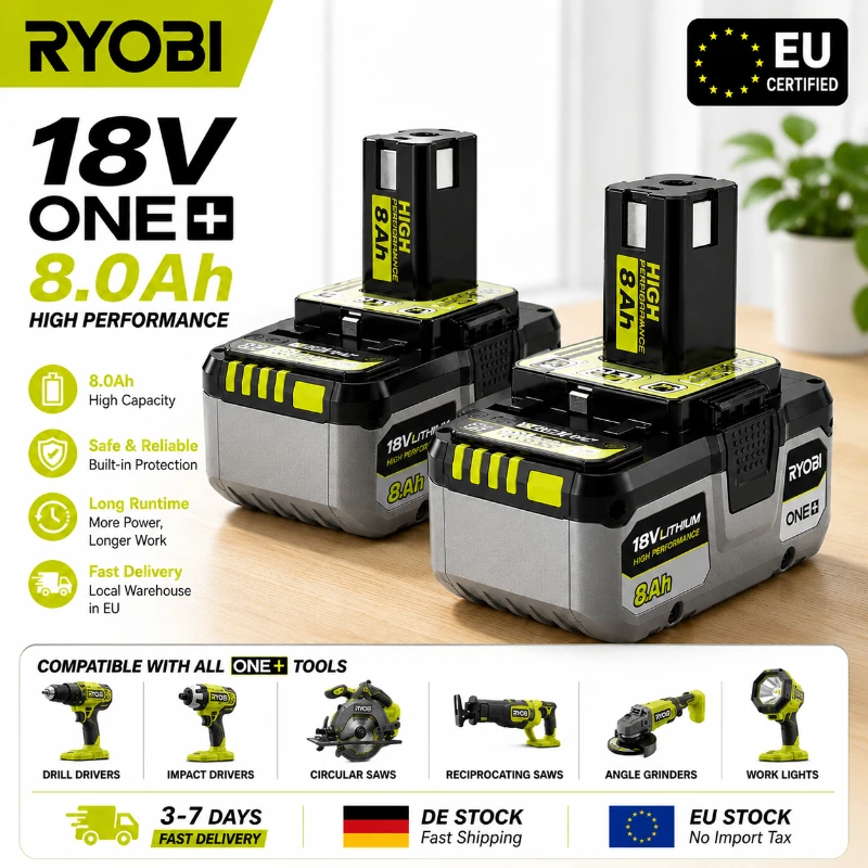 Expédié depuis l'UE, batterie de remplacement Ryobi ONE+ 18V 8.0Ah Li-ion haute capacité rechargeable P102 P103 P104 P105 P107 P108 P190