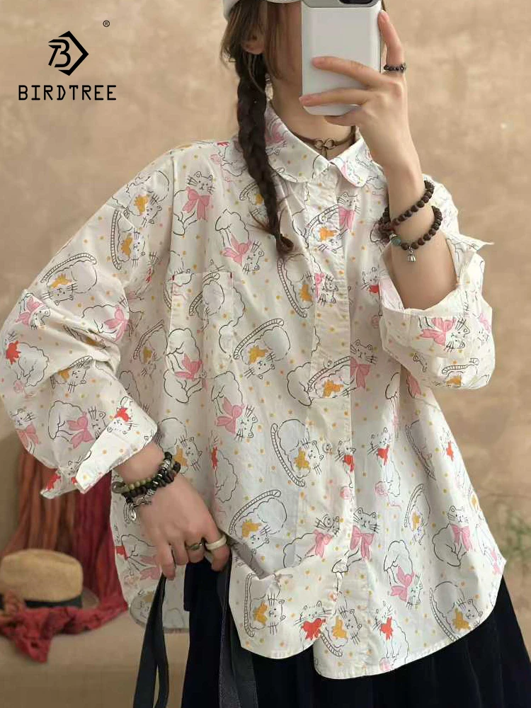 

Новая женская хлопковая рубашка с длинным рукавом Весна 2026, с отложным воротником, мультяшным принтом, в стиле Mori Girl, свободная блузка в стиле преппи T61951CC