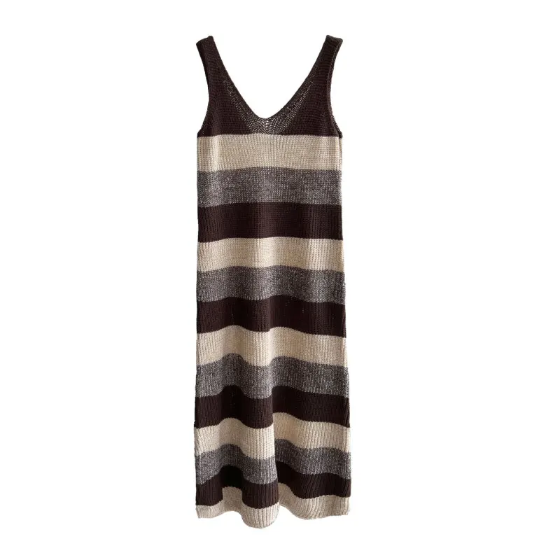 Autumn and Winter New Fashion Colour Collision Sleeveless Striped Knitted Vest Dress Thin Long Skirt