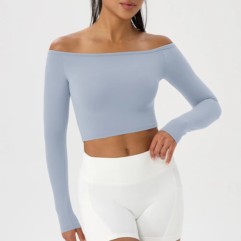 Women Sexy Off Shoulder Yoga Top Long Sleeve Gym Running Top Solid Quick-Dry Sport Workout Shirt image 5