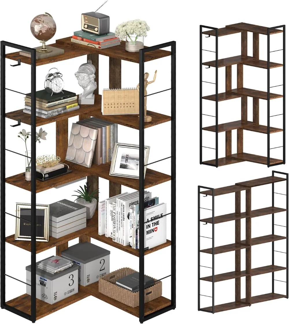 5 Tier Bookshelf Wood Bookcase with 2 Hooks Modern Corner Bookshelf Library Industrial Shelving Book Case for Bedroom Living