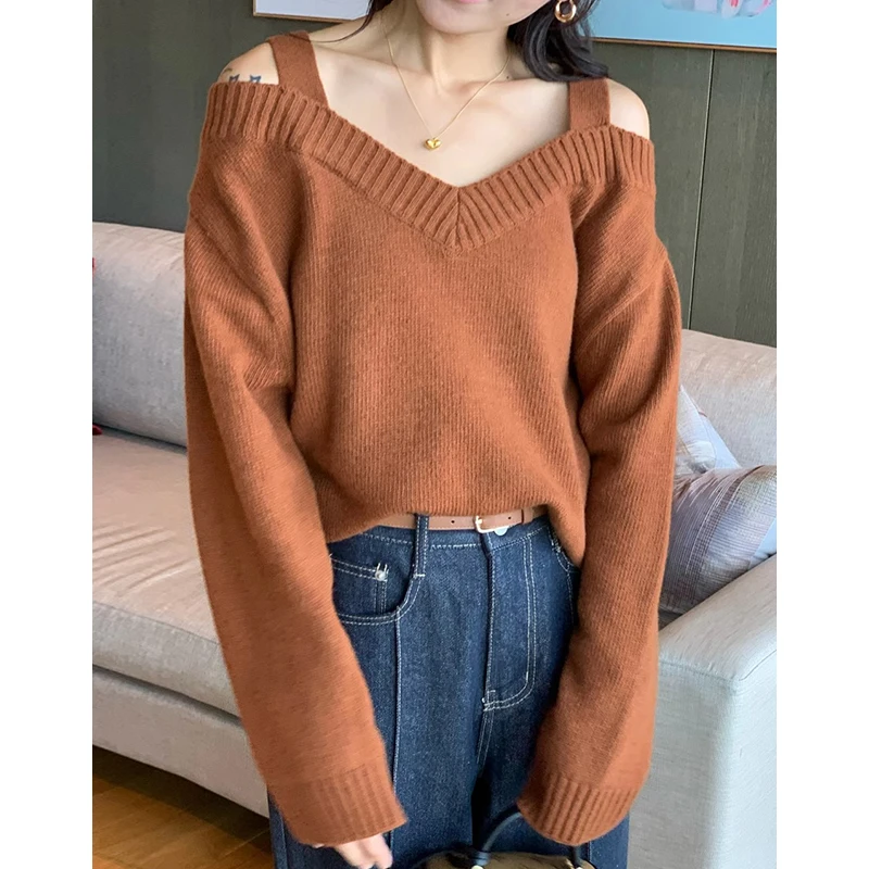 

Chic Vintage V-Ne Long Sve Knitted Sweater Women's Casual Versatile oulder Bared Loose Fit Commute Sle Korean Version