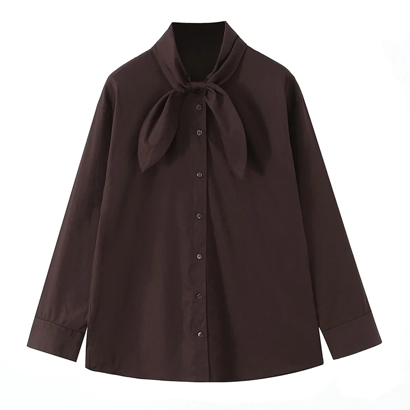 

Willshela Women Fashion With Bow Brown Single Breasted Blouse Vintage Scarf Collar Long Sleeves Female Chic Lady Shirts