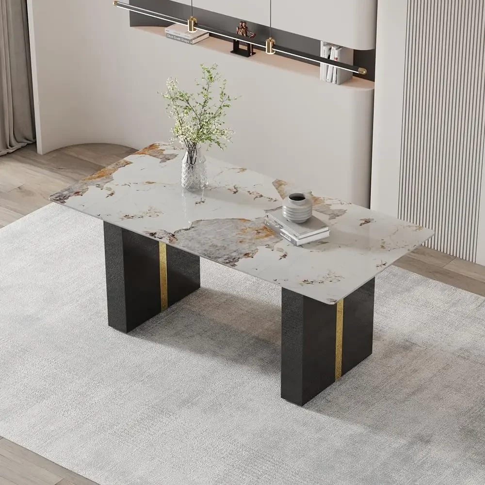 Modern Dining Table for 6 8, 71'' White Dining Table Faux Marble Dining Table Top with Black Gold Legs Table, Rectangle Kitchen