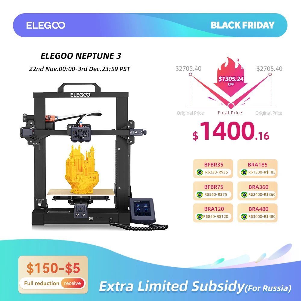 ELEGOO NEPTUNE 3 FDM 3D Printer with Auto Leveling, Removable HD Touch Screen, Dual Gear Metal Extruder 220x220x280mm