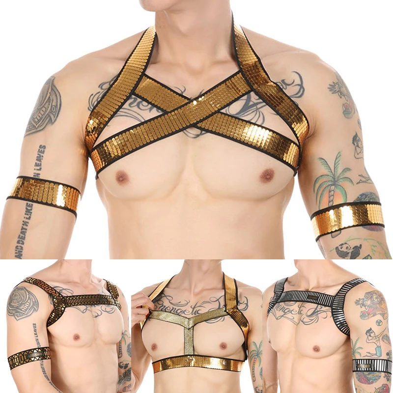 

CLEVER-MENMODE Men's Sexy Bdsm Metal Harness Lingerie Halterneck Glitter Crossed Chest Strap Exotic Gay Sissy 18+ Adult Clothing