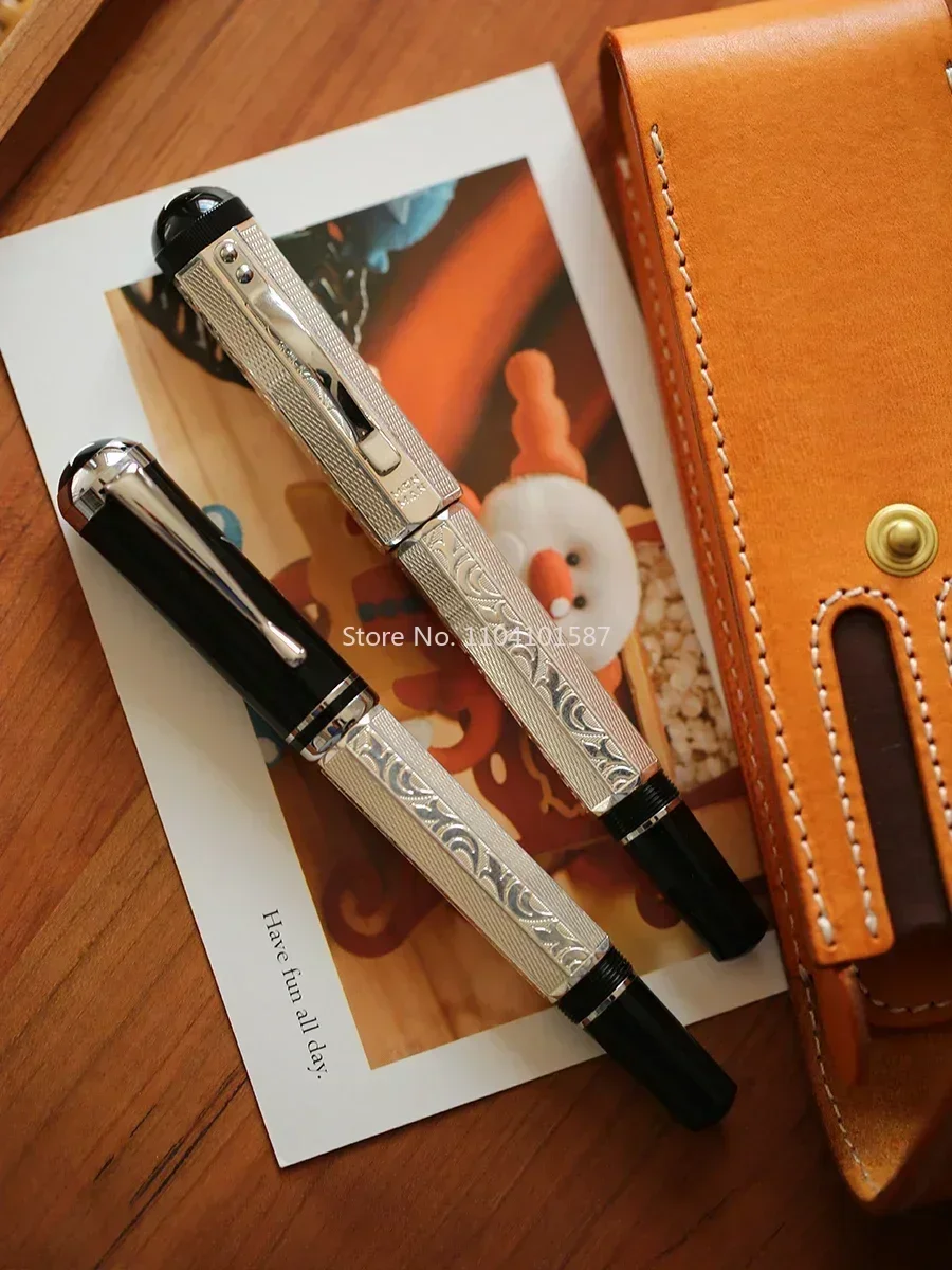 nouveau-stylo-plume-classique-majohn-p138-en-metal-a-piston-pointe-n°6-motif-grave-octaedrique-plaque-argent-pour-l'ecriture