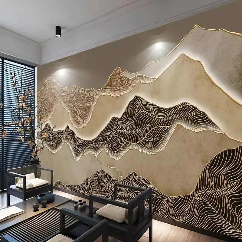 

Фотообои в китайском стиле 3D: ретро, абстрактные, с золотыми линиями и чернилами, пейзажный арт-декор, на заказ, для чайной комнаты