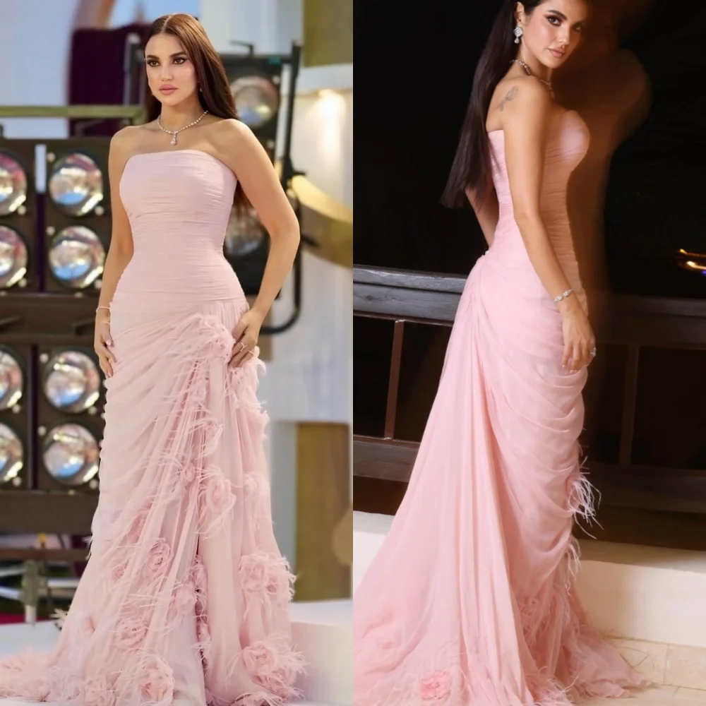 

Customized Intricate Chiffon Pleat Draped Handmade Flower Feather A-line Strapless Long Dresses Bespoke Occasion Dresses Casual