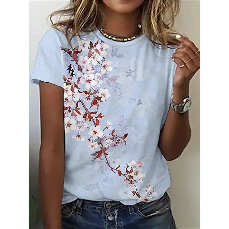 Letnia koszulka 3D Butterfly Peach Blossom Print Kwiatowy wzór Damska koszulka sportowa z krótkim rękawem Street Casual Top T-shirt