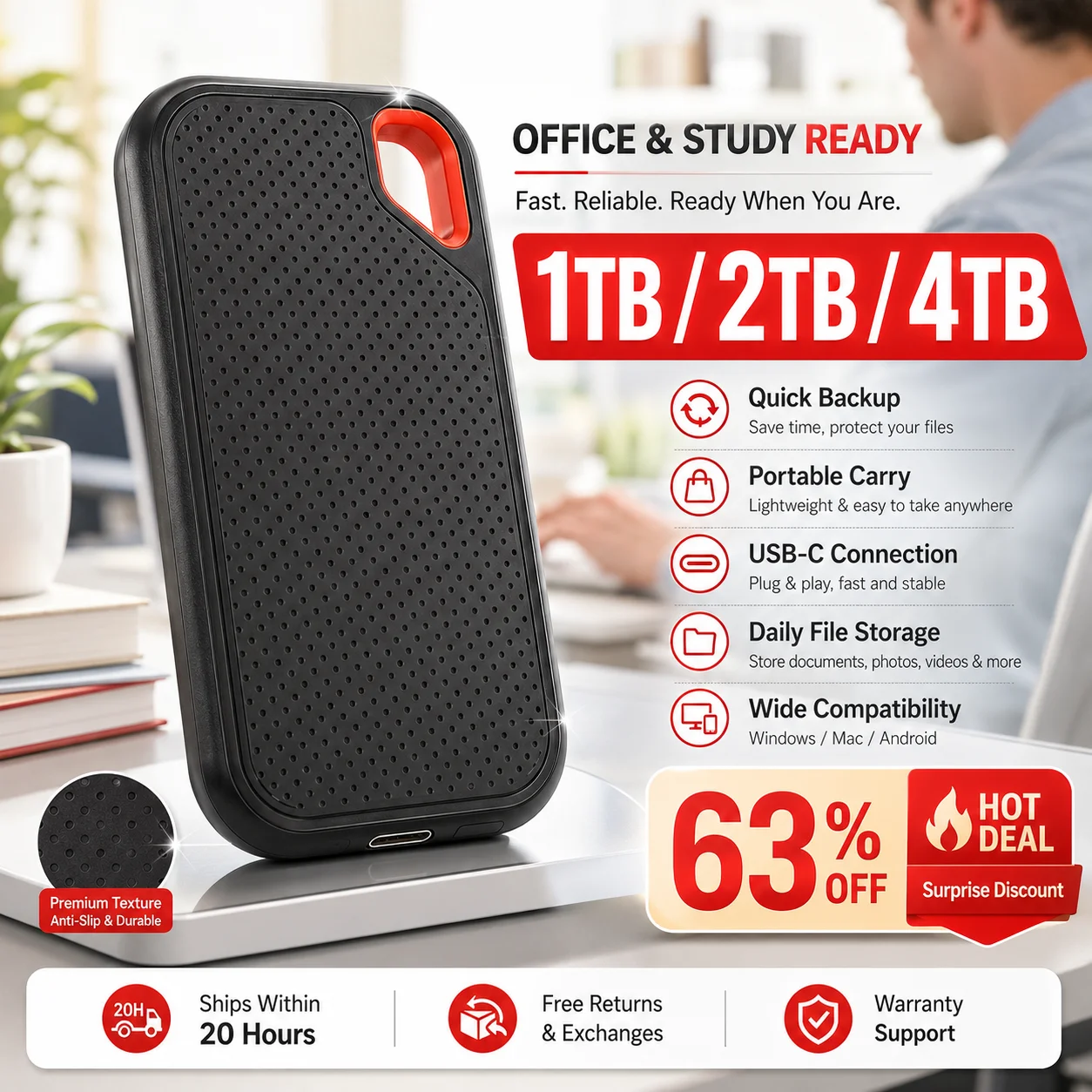 1TB Portable SSD 2TB External Hard Drive USB Type-C Compact Storage for