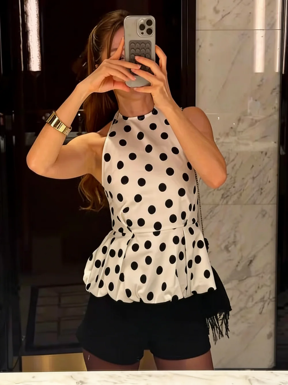 Elegante Damen-Tanktops mit Punktmuster, ärmellos, weiß, sexy Neckholder, rückenfrei, mit Reißverschluss, Ballon-Saum, Crop-Tops für Damen, Party-Tops für den Urlaub