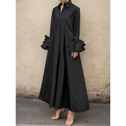Women Elegant Church Maxi Dresses 2024 New Autumn Flared Sleeves Black White Color Pleated Lapel Evening Shirts Dress