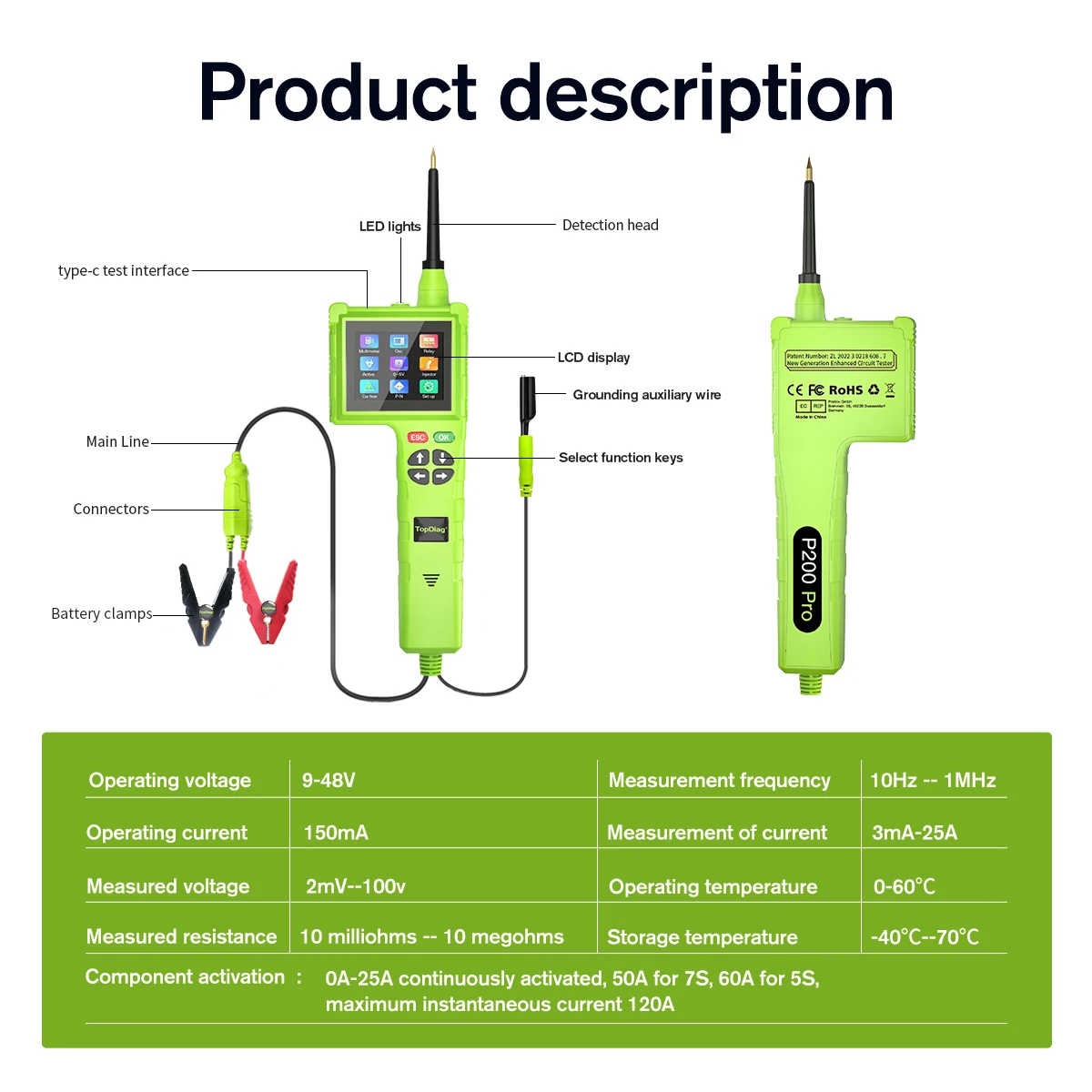 TopDiag P200 Pro Automotive Circuit Tester 12V/24V Power Circuit Probe Kit Car Voltage Resistance Relay Test Working 9V-48V