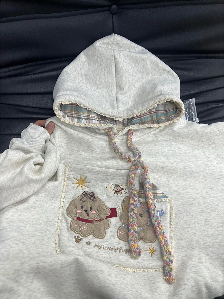 

Утепленная флисовая толстовка с капюшоном и вышивкой: Американский мультяшный плюшевый щенок. Модная молодежная куртка для осени и зимы.