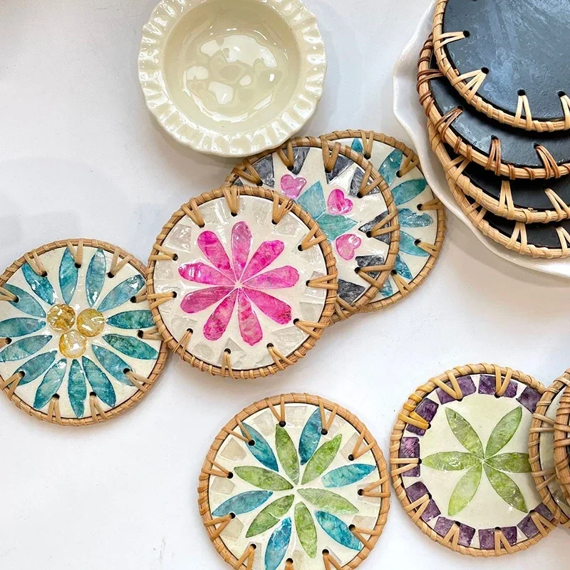 10cm Natural Rattan Colorful Pot Mat Vine Woven Shell Coaster Table Mat Hand Woven Insulation Pad Kitchen Decoration