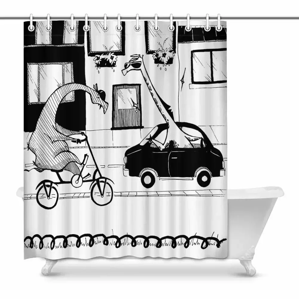 Cartoon Camel and Giraffe in The City Fabric Bathroom Decor Shower Curtain