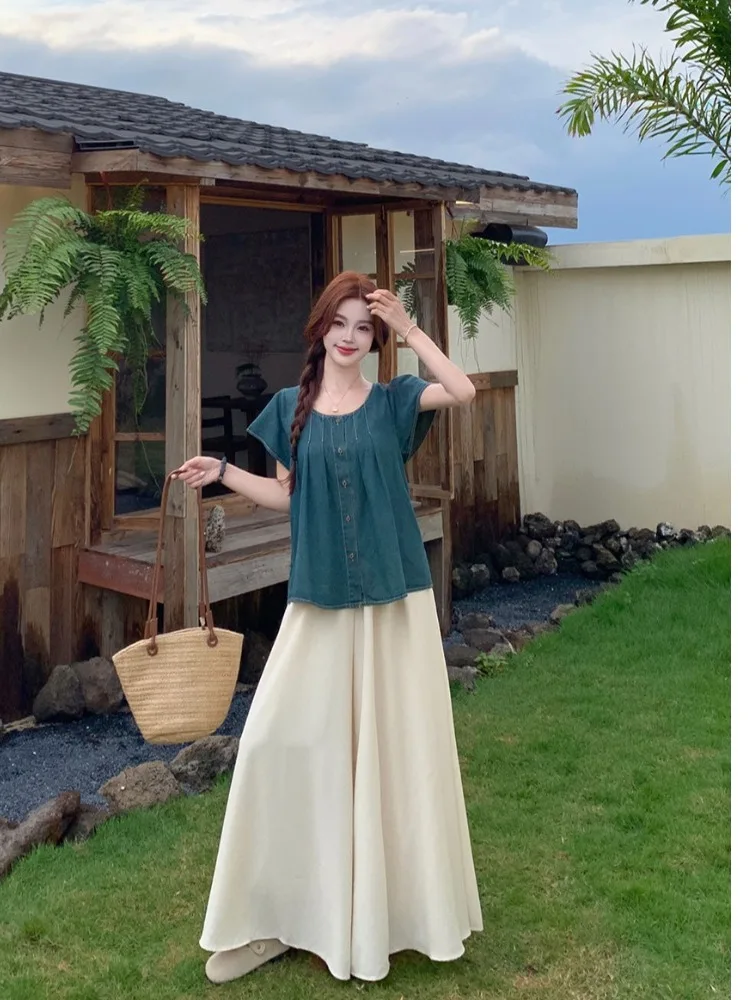 

plus Size Casual Vintage Denim round Neck Short Sleeve Shirt Top Women Summer High Waist Wide Leg Pants Skirt Trendy Ensemble