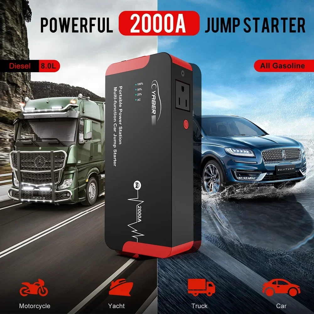 Yaber Jump Starter 12V Car Battery Booster 22000mAh 100W AC Output Emergency Starting Device Power Station for Gas Engine