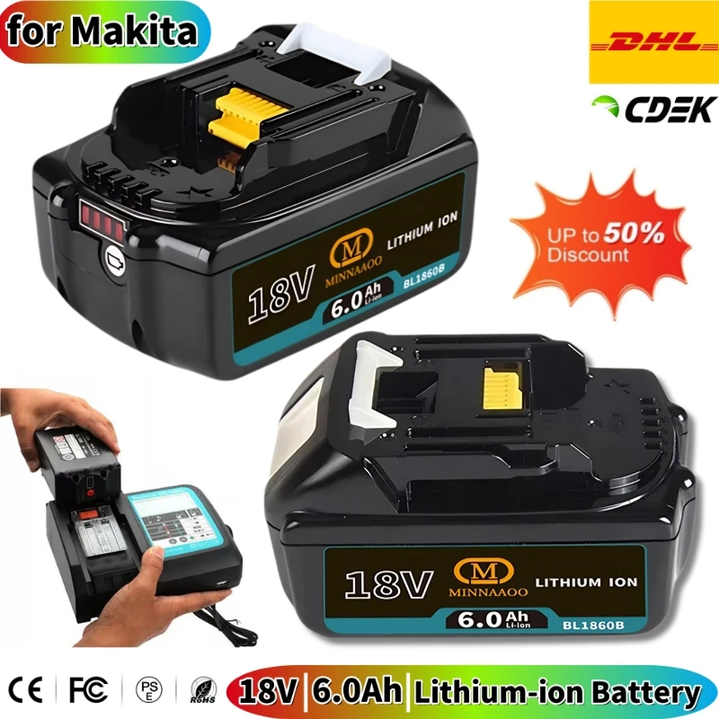 

100% оригинал для Makita, аккумулятор 18 В, 6000 мАч, литий-ионный аккумулятор BL1860B BL1860 BL1850 BL1830 Замена электроинструмента LXT