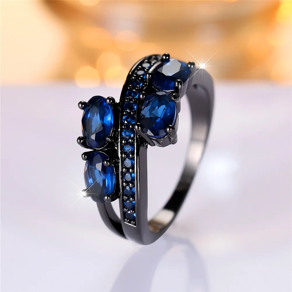 العصرية لطيف الإناث الأزرق البيضاوي الزركون حجر خاتم خمر موضة الذهب الأسود اللون مجوهرات الزفاف للنساء #4