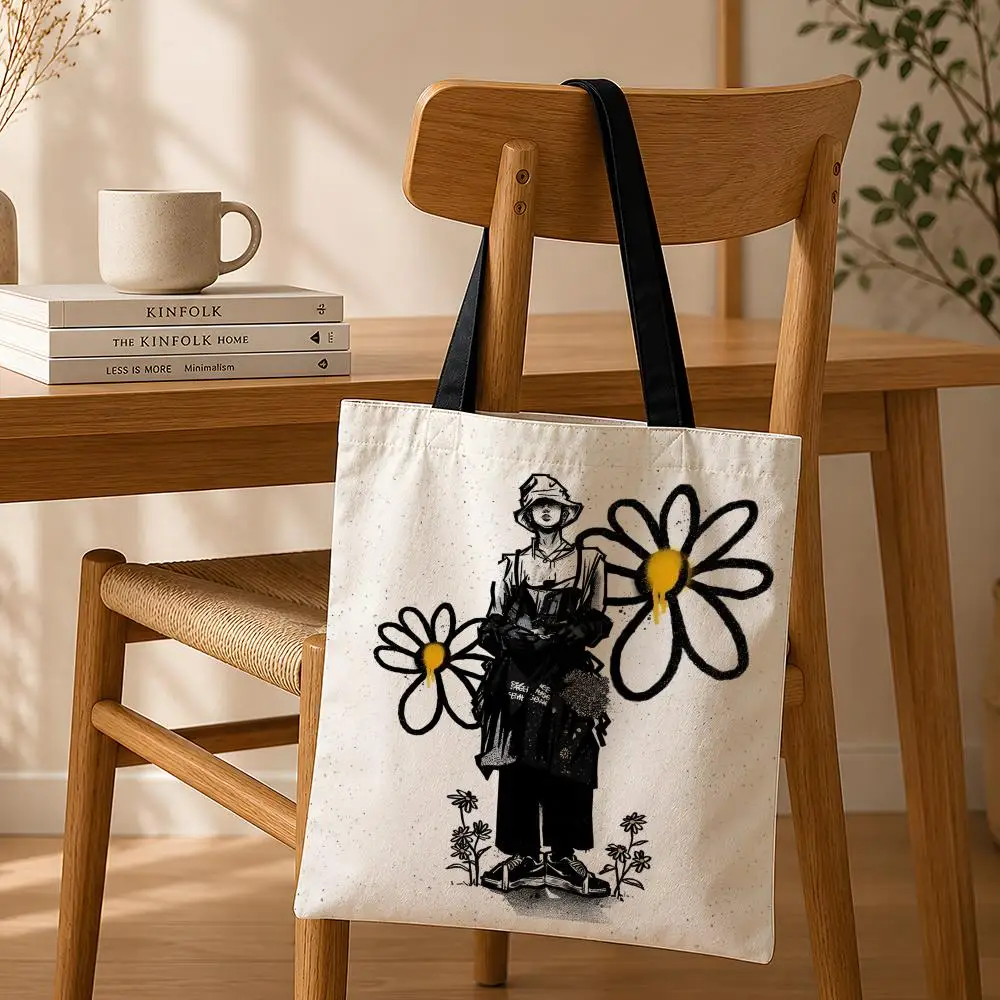 Bolsas de almacenamiento de la marca F-Fashion Peaceminusone, bolsa de compras plegable, bolsa de compras de lona estética, bolsa de compras reutilizable de moda