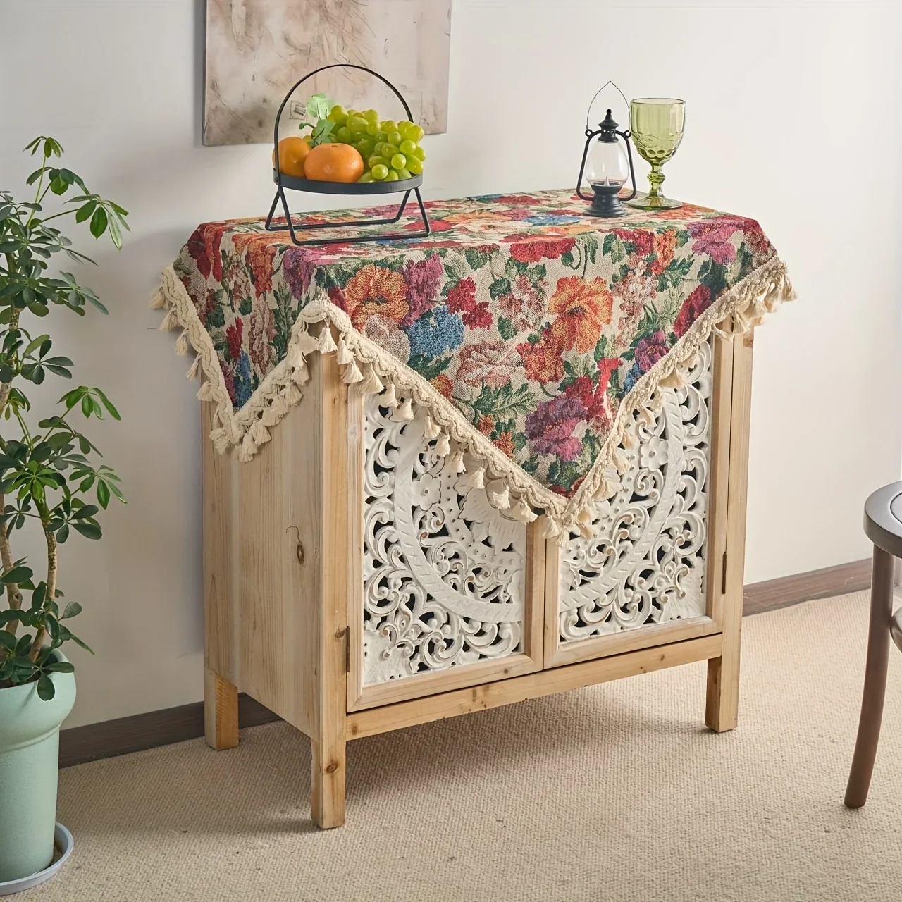 1pc Vintage Flowering Irregular Jacquard Cloth Cover with Tassel Edge Design Suitable for Side Cabinet