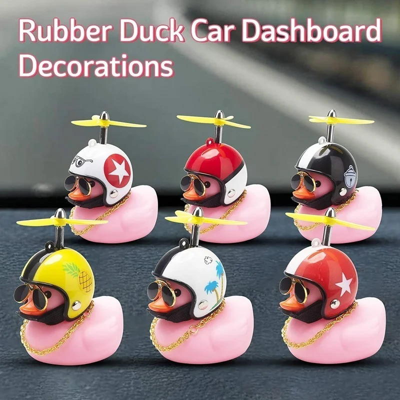 Car Ladybug Pattern Helmet Pink Duck with Sunglasses, Rubber Bike Duck for Car Ccessories, Dashboard Toy Small Decoration