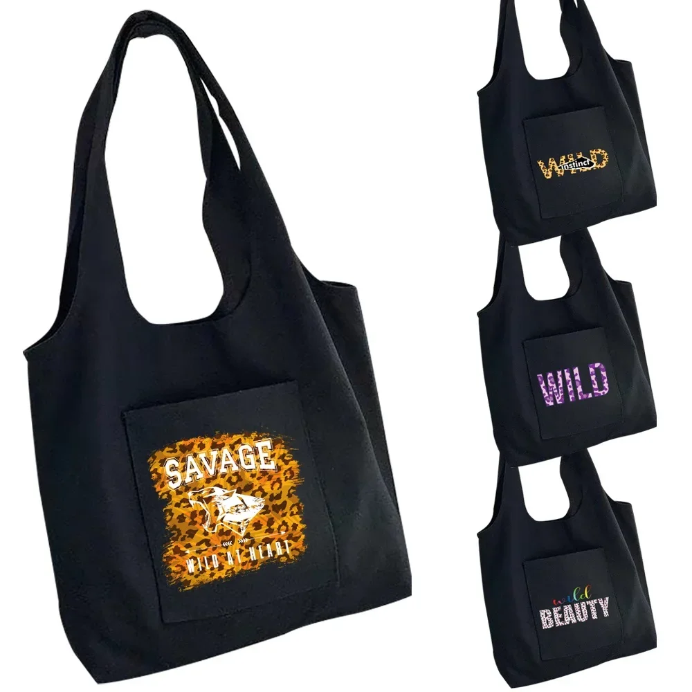 

Canvas Bag Women Portable One-shoulder Shopping Bag Savage Wild At Heart Printed Side Pockets Large Capacity Handbags Tote Bag