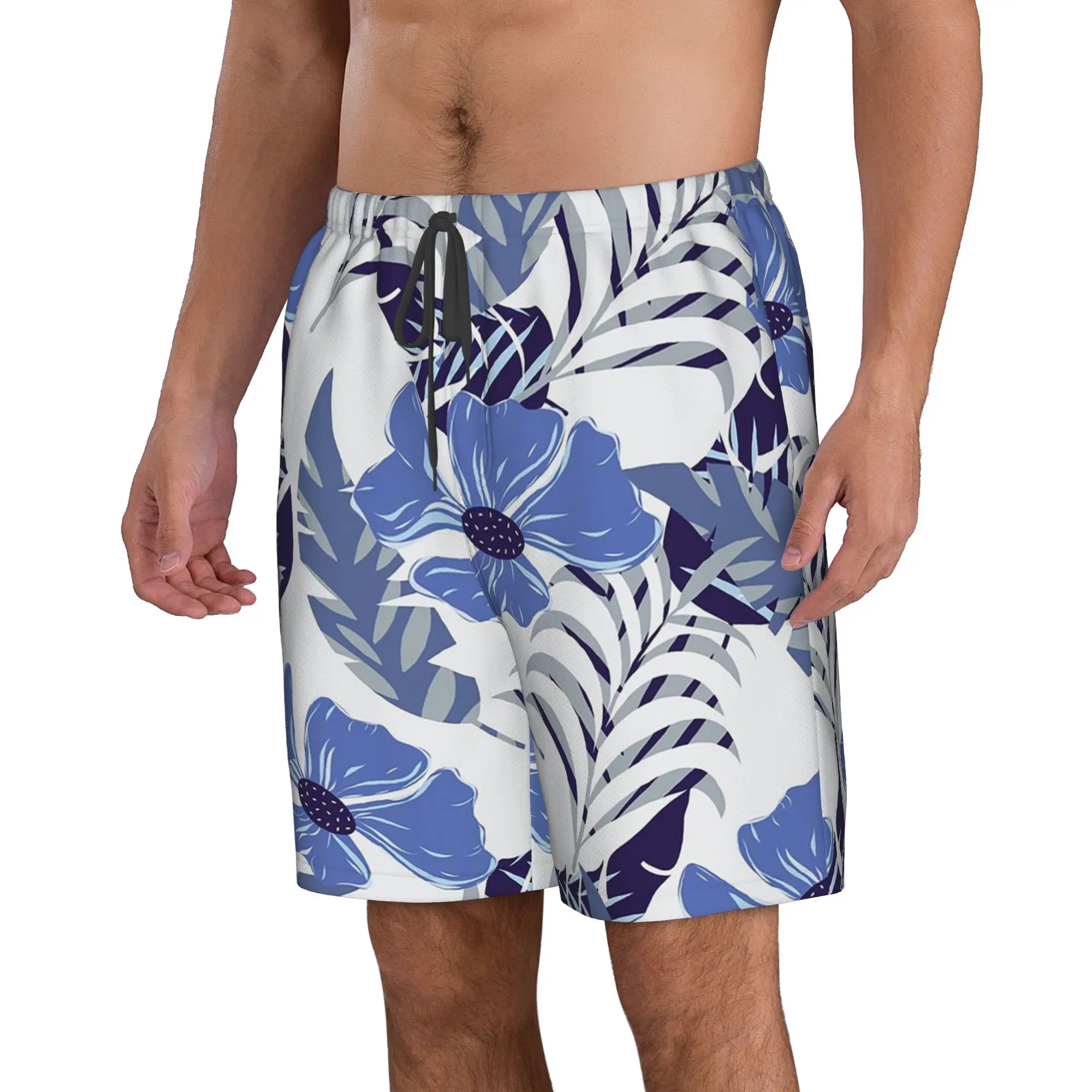 Tropical Flower Blue Floral Pattern Trunks Beach Board Shorts Casual Quick Dry Swimming Summer Men Pants